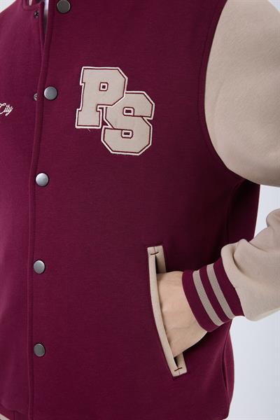 Erkek 3 İplik Pamuklu İçi Polarlı Regular Fit Nakışlı Bordo Kolej Ceket  