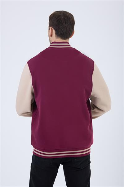 Erkek 3 İplik Pamuklu İçi Polarlı Regular Fit Nakışlı Bordo Kolej Ceket  