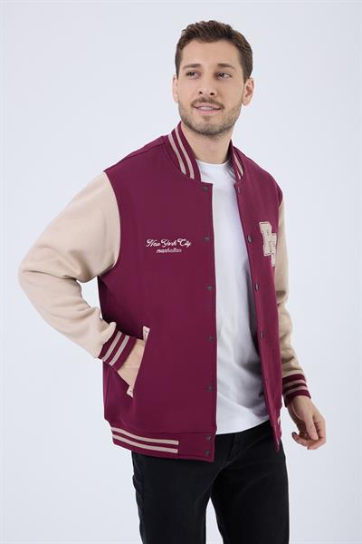 Erkek 3 İplik Pamuklu İçi Polarlı Regular Fit Nakışlı Bordo Kolej Ceket  