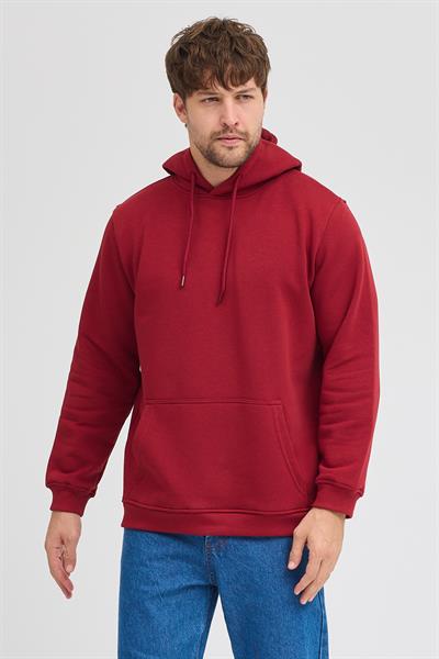 Erkek Bordo Standart Fit Normal Kesim Içi Polarlı 3 Iplik Kapüşonlu Pamuklu Sweatshirt