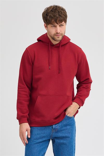 Erkek Bordo Standart Fit Normal Kesim Içi Polarlı 3 Iplik Kapüşonlu Pamuklu Sweatshirt