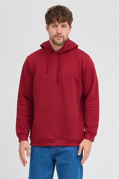 Erkek Bordo Standart Fit Normal Kesim Içi Polarlı 3 Iplik Kapüşonlu Pamuklu Sweatshirt