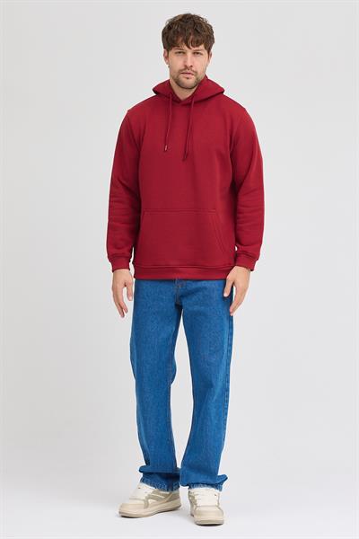 Erkek Bordo Standart Fit Normal Kesim Içi Polarlı 3 Iplik Kapüşonlu Pamuklu Sweatshirt