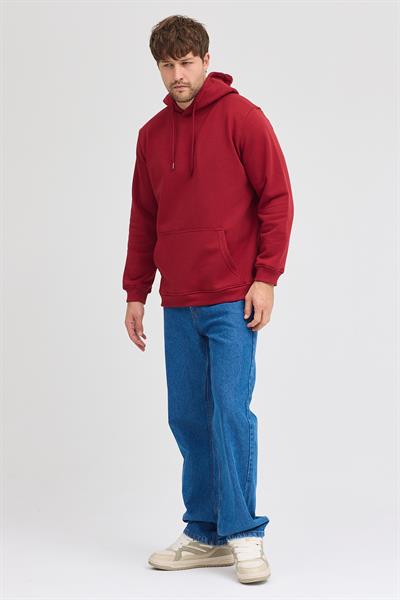 Erkek Bordo Standart Fit Normal Kesim Içi Polarlı 3 Iplik Kapüşonlu Pamuklu Sweatshirt
