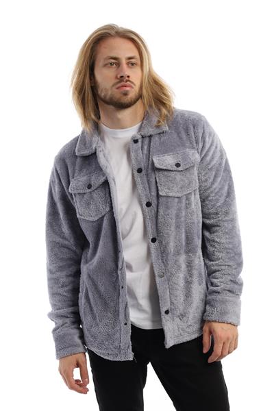 Erkek Oversize Çıt Çıt Kapamalı Cepli Peluş Gri Ceket