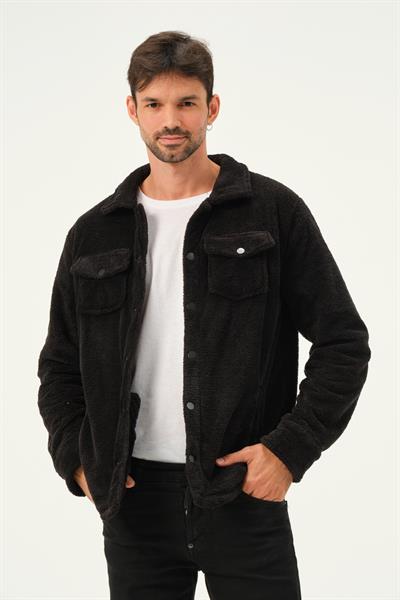 Erkek Oversize Çıt Çıt Kapamalı Cepli Peluş Siyah Ceket