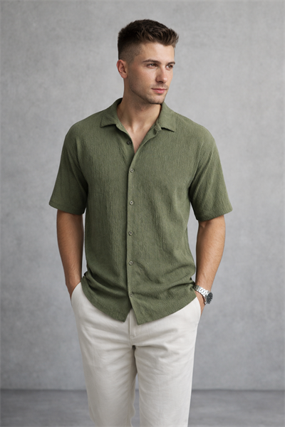 Erkek Crinkle Kumaş Regular Fit Gömlek Yeşil