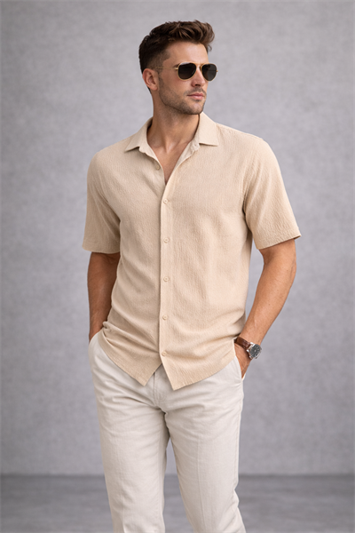 Erkek Crinkle Kumaş Regular Fit Gömlek Bej