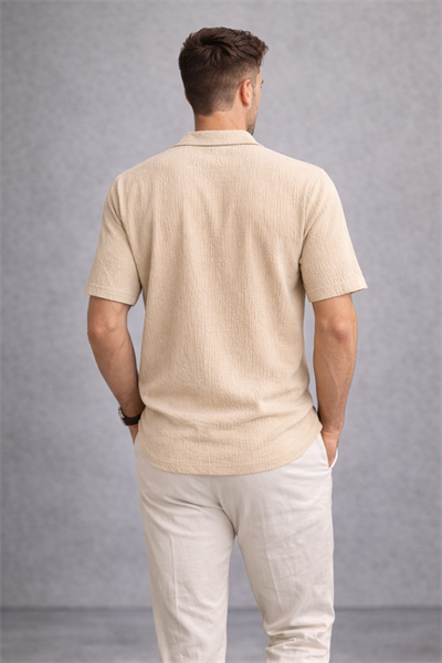 Erkek Crinkle Kumaş Regular Fit Gömlek Bej