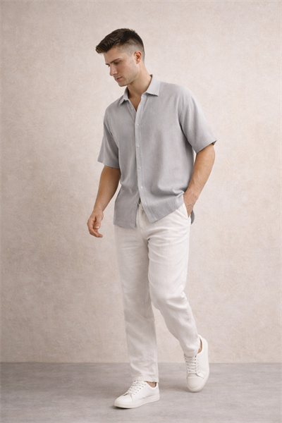 Erkek Crinkle Kumaş Regular Fit Gömlek Gri