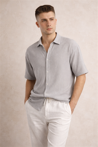 Erkek Crinkle Kumaş Regular Fit Gömlek Gri
