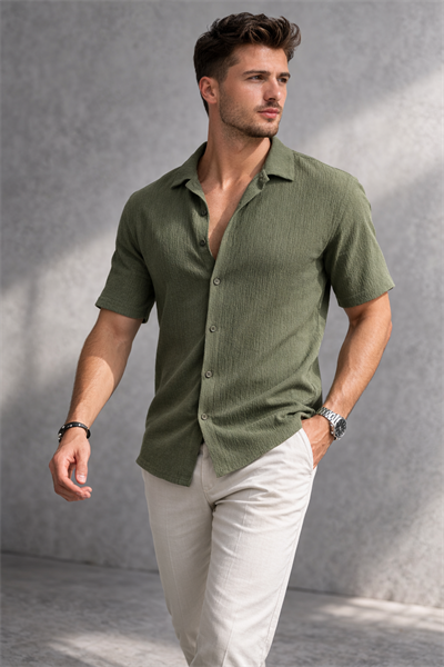 Erkek Crinkle Kumaş Regular Fit Gömlek Yeşil