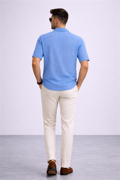 Erkek Crinkle Kumaş Regular Fit Gömlek Mavi