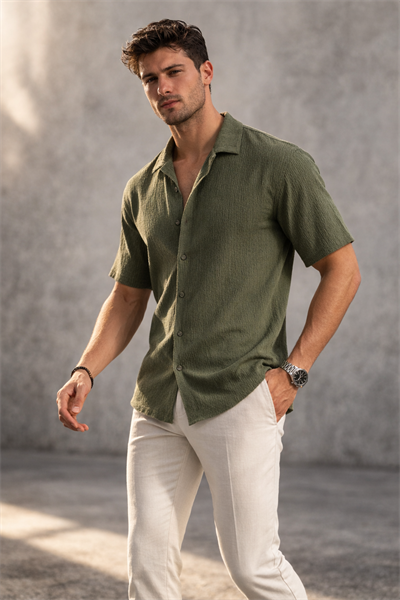 Erkek Crinkle Kumaş Regular Fit Gömlek Yeşil