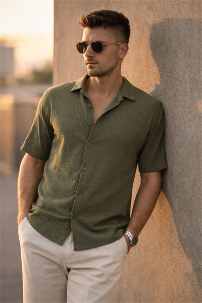 Erkek Crinkle Kumaş Regular Fit Gömlek Yeşil