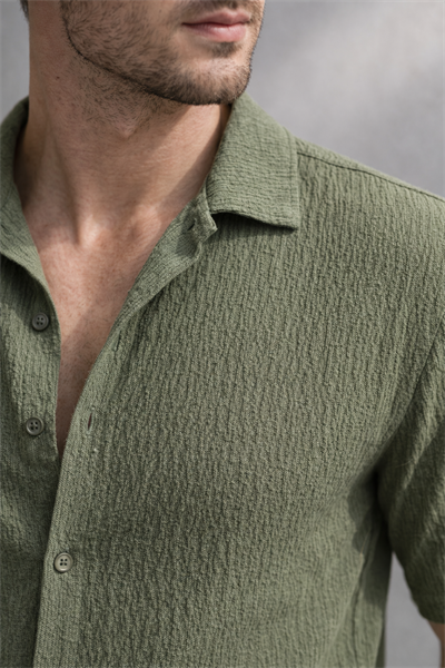 Erkek Crinkle Kumaş Regular Fit Gömlek Yeşil