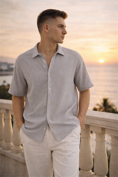 Erkek Crinkle Kumaş Regular Fit Gömlek Gri