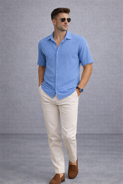 Erkek Crinkle Kumaş Regular Fit Gömlek Mavi