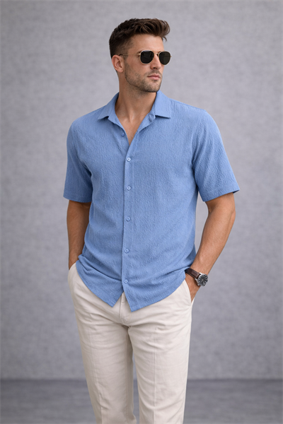 Erkek Crinkle Kumaş Regular Fit Gömlek Mavi