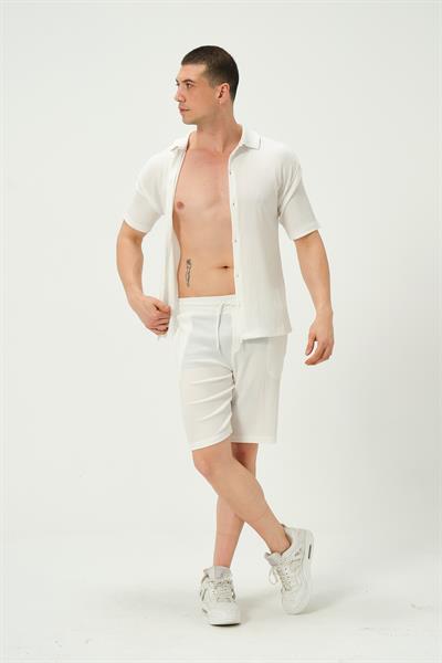 Erkek Crinkle Kumaş Regular Fit Şort Beyaz
