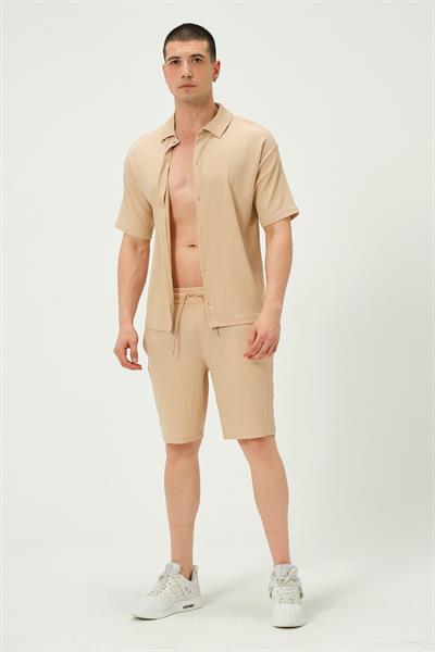 Erkek Crinkle Kumaş Regular Fit Şort Bej