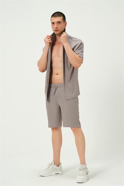 Erkek Crinkle Kumaş Regular Fit Şort Gri