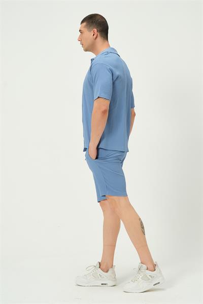 Erkek Crinkle Kumaş Regular Fit Şort Mavi