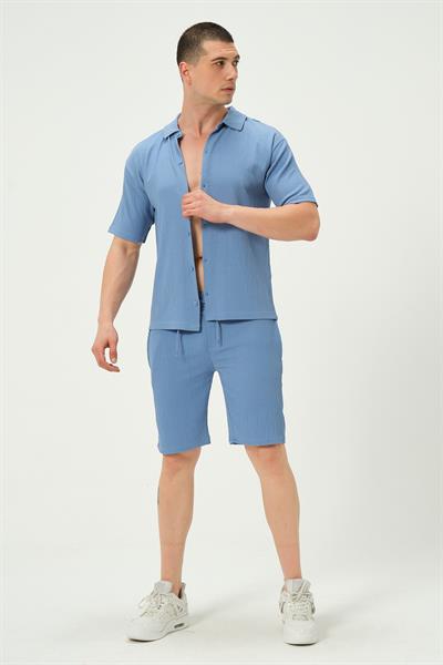 Erkek Crinkle Kumaş Regular Fit Şort Mavi