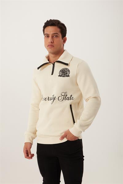 Erkek Relax Fit 3 İplik Rahat Kesim Pamuklu İçi Polarlı Yarım Fermuarlı Dik Yaka Ekru Sweatshirt