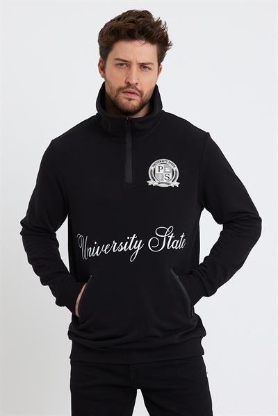 Erkek Relax Fit 3 İplik Rahat Kesim Pamuklu İçi Polarlı Yarım Fermuarlı Dik Yaka Siyah Sweatshirt