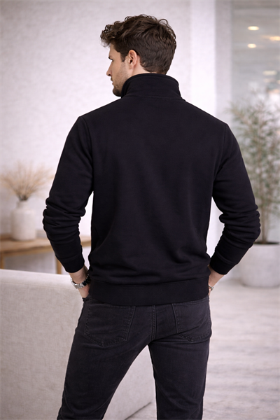 Erkek Dik Yaka Yarım Fermuarlı Baskılı Sweatshirt Siyah