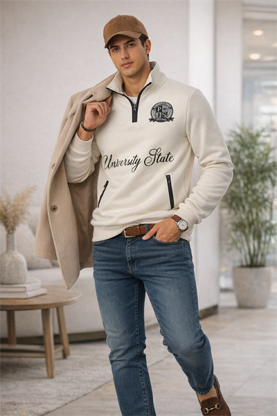 Erkek Dik Yaka Yarım Fermuarlı Baskılı Sweatshirt Ekru