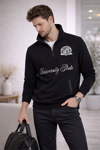 Erkek Dik Yaka Yarım Fermuarlı Baskılı Sweatshirt Siyah
