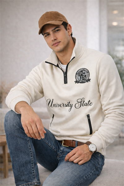 Erkek Dik Yaka Yarım Fermuarlı Baskılı Sweatshirt Ekru