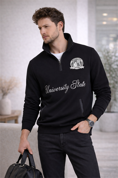 Erkek Dik Yaka Yarım Fermuarlı Baskılı Sweatshirt Siyah