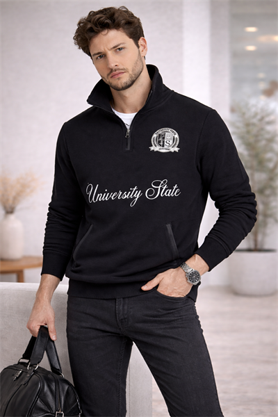 Erkek Dik Yaka Yarım Fermuarlı Baskılı Sweatshirt Siyah