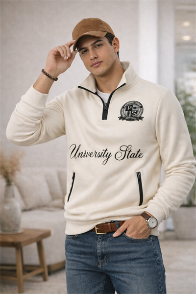 Erkek Dik Yaka Yarım Fermuarlı Baskılı Sweatshirt Ekru
