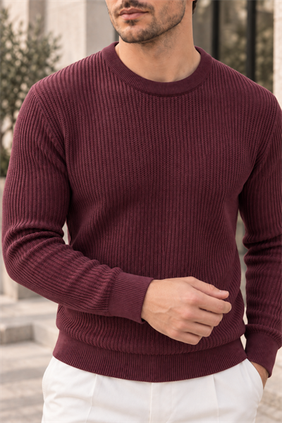 Erkek Dikey Dokulu Bisiklet Yaka Triko Kazak - Bordo Bordo