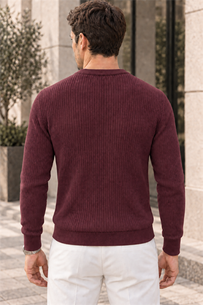 Erkek Dikey Dokulu Bisiklet Yaka Triko Kazak - Bordo Bordo