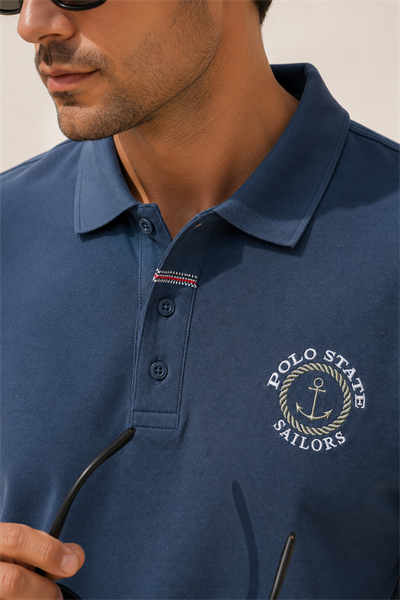 Erkek Duman Mavisi Polo Yaka Nakışlı Pike T-Shirt