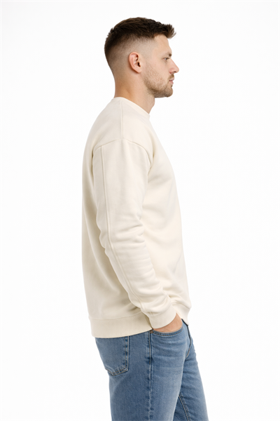 Erkek Ekru 3 İplik Şardonlu Kalın Basic Bisiklet Yaka Oversize Sweatshirt