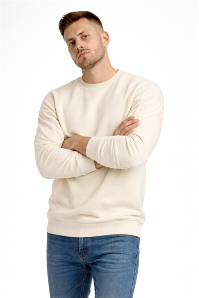 Erkek Ekru 3 İplik Şardonlu Kalın Basic Bisiklet Yaka Oversize Sweatshirt
