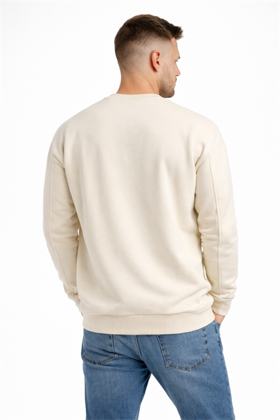 Erkek Ekru 3 İplik Şardonlu Kalın Basic Bisiklet Yaka Oversize Sweatshirt