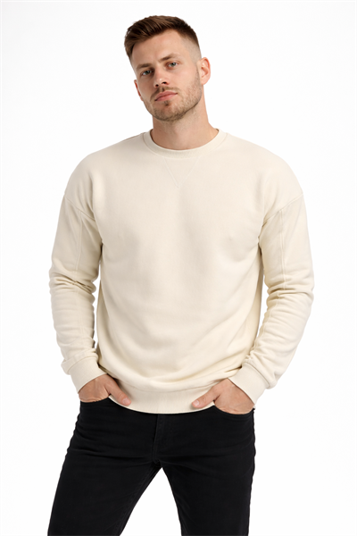 Erkek Ekru 3 İplik Şardonlu Kalın Basic Bisiklet Yaka Oversize Sweatshirt