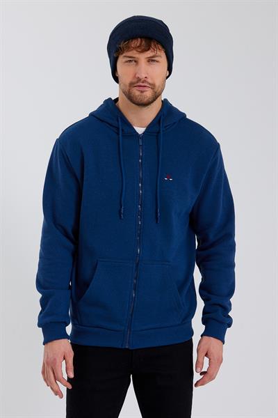 Erkek Fermuarlı Kanguru Cep 3 İplik Sweatshirt İndigo