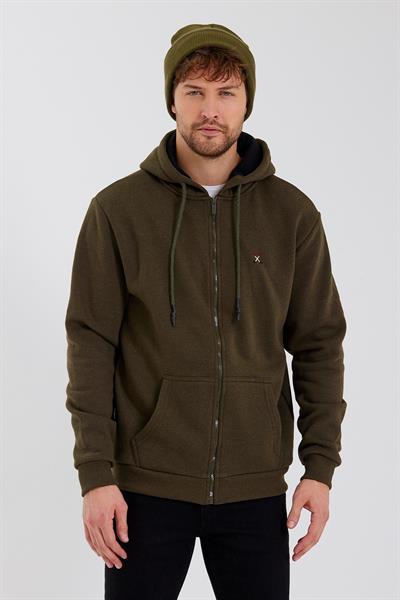 Erkek Fermuarlı Kanguru Cep 3 İplik Sweatshirt  Haki