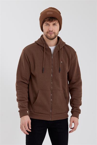 Erkek Fermuarlı Kanguru Cep 3 İplik Sweatshirt  Kahverengi
