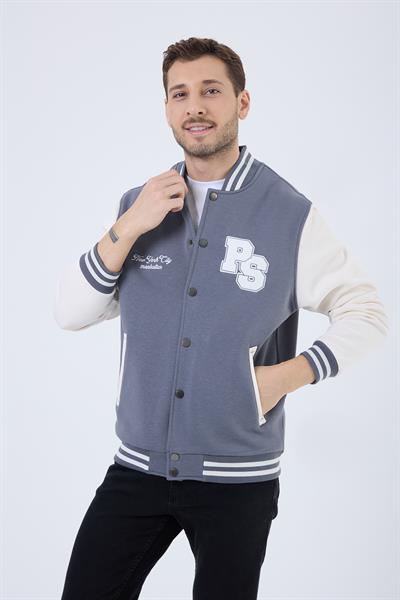 Erkek 3 İplik Pamuklu İçi Polarlı Regular Fit Nakışlı Füme Kolej Ceket  
