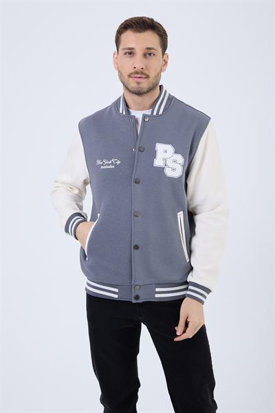 Erkek 3 İplik Pamuklu İçi Polarlı Regular Fit Nakışlı Füme Kolej Ceket  