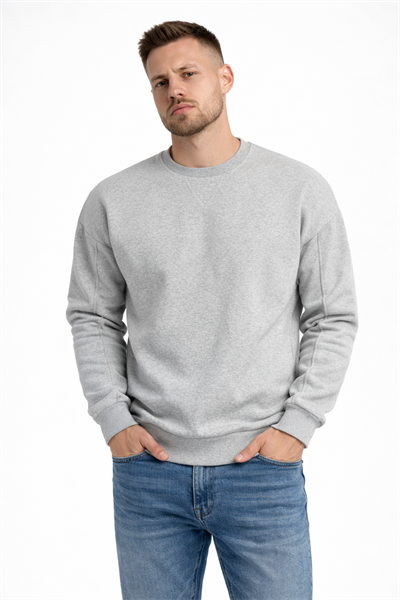 Erkek Gri 3 İplik Şardonlu Kalın Basic Bisiklet Yaka Oversize Sweatshirt